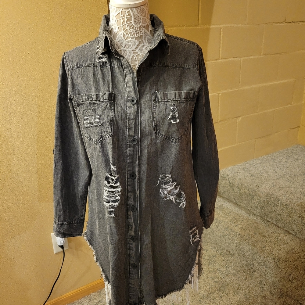 THRILL Jeans hi-low black denim distressed button down tunic top